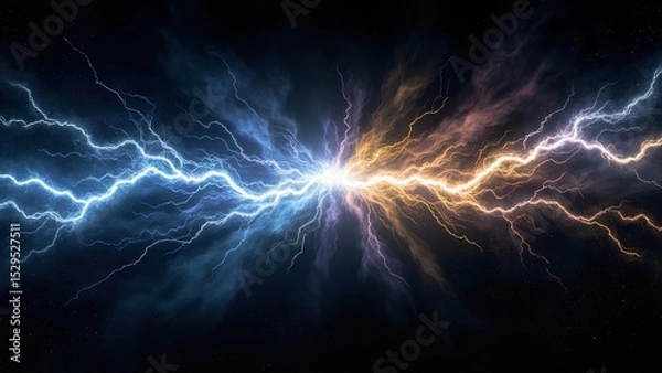Fototapeta Lightning bolts in vivid hues of blue, purple, and orange streak across a dark sky, illuminating swirling clouds. The jagged energy creates a dramatic and electrifying atmosphere.