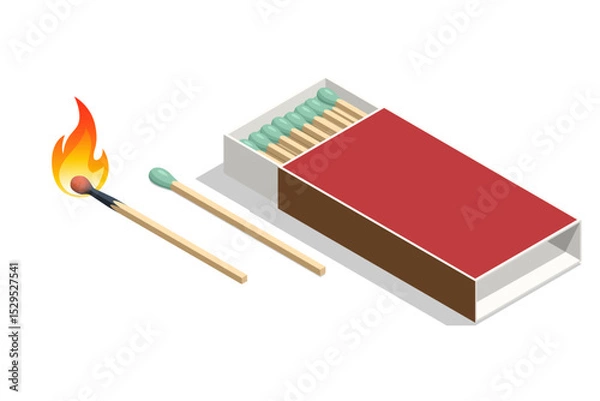 Obraz Isometric matches in a box, a match is burning, a match is lying on the table. Box of matches isolated on white background.