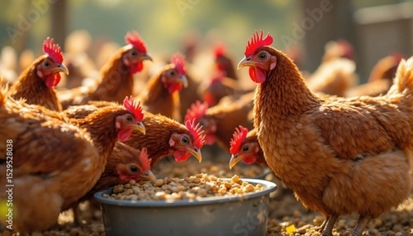 Obraz Free-range chickens on organic farm,Happy brown hens feeding on grass in a backyard farm environment with natural fencing