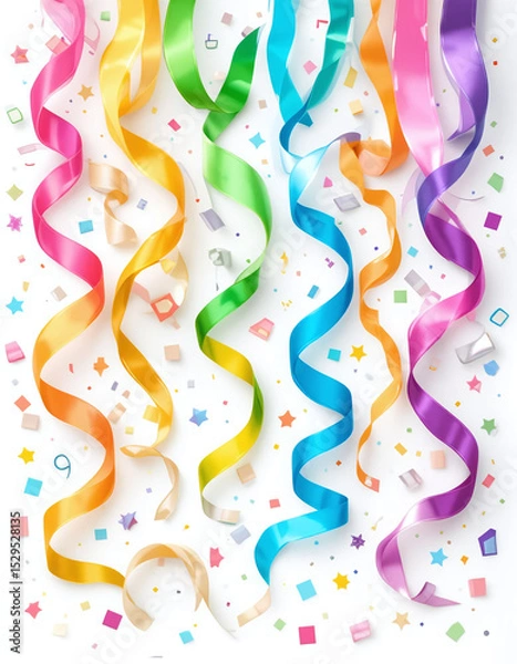 Fototapeta Colorful festive ribbons for birthday and celebration themes. Bright party elements on white background, perfect for cheerful designs
