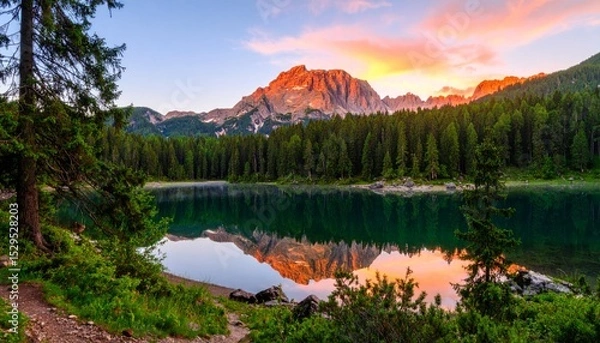 Fototapeta A serene mountain landscape at sunset, with orange-lit peaks reflected in a calm lake surrounded by dense evergreen forest.