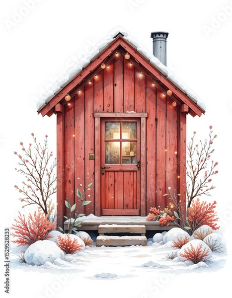 Fototapeta Colorful red wooden house in winter with snow on roof and ground, isolated on white background. Cozy seasonal holiday illustration
