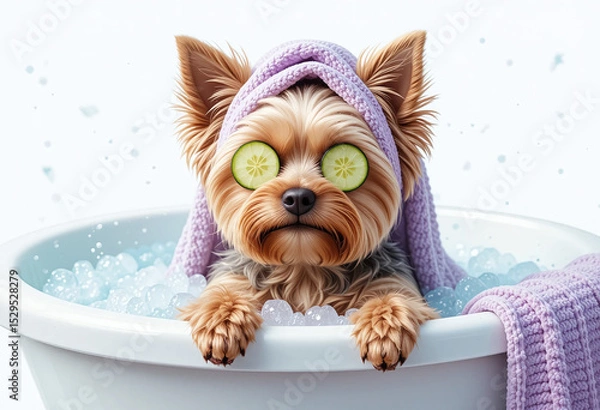 Fototapeta Cute Yorkshire Terrier in a bubble bath with cucumber slices on eyes and towel on head, relaxing spa atmosphere on white background