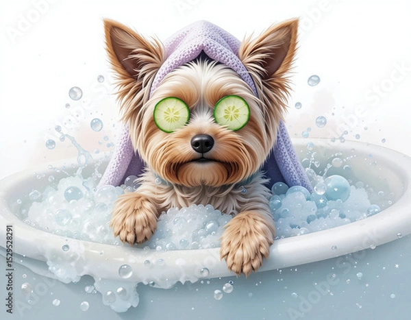 Fototapeta Cute Yorkshire Terrier in a bubble bath with cucumber slices on eyes and towel on head, relaxing spa atmosphere on white background