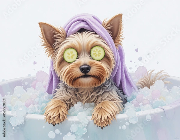 Fototapeta Cute Yorkshire Terrier in a bubble bath with cucumber slices on eyes and towel on head, relaxing spa atmosphere on white background