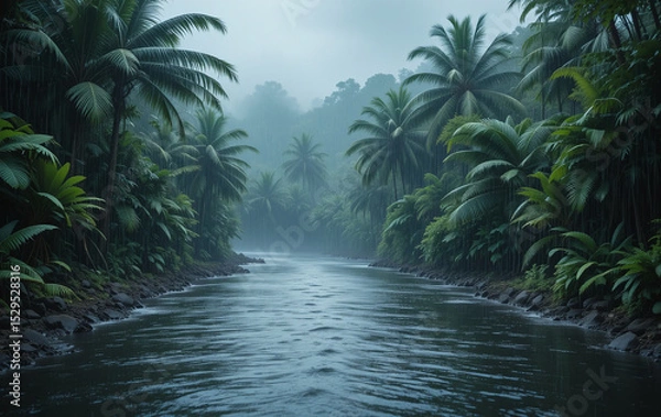Fototapeta Colorful tropical rainforest scene with heavy rain, palm trees, and a dark moody evening atmosphere under cloudy skies