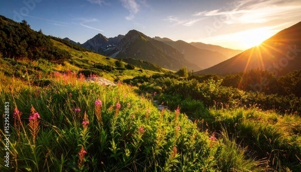 Fototapeta A vibrant mountain landscape with wildflowers in the foreground, lush greenery, and the sun setting behind rugged peaks.