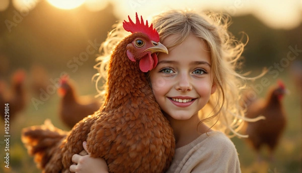 Obraz Free-range chickens on organic farm,Happy brown hens feeding on grass in a backyard farm environment with natural fencing