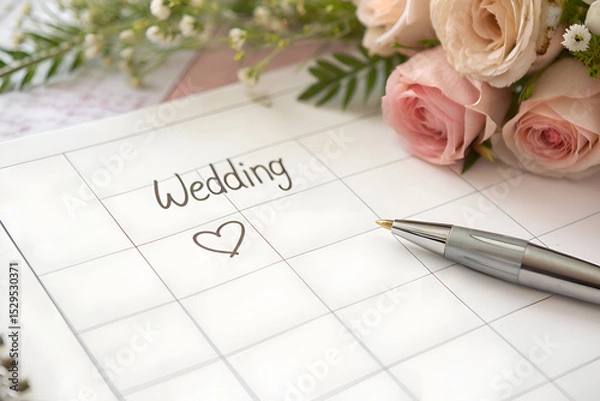 Obraz Plan your dream wedding with this elegant calendar featuring delicate roses and a pen ready to jot down important details.