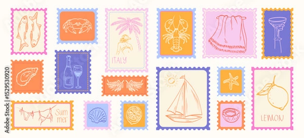 Obraz Trendy summer mediterranean placard and postage stamps. Vacation in Italy. Amalfi. Hand drawn print with image of lobster, crab, boat, lemons, sardine, seashell, cocktail, shrimp. Vector illustration.