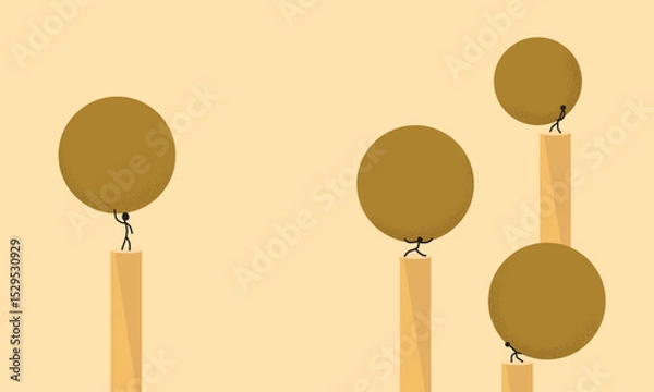 Obraz Minimalist Illustration of a Group of People Lifting a Spheres with Difficulty, on a Pillars, with Another Person Lifting it Easily. Symbolizes an Experience That Creates Ease and Strength
