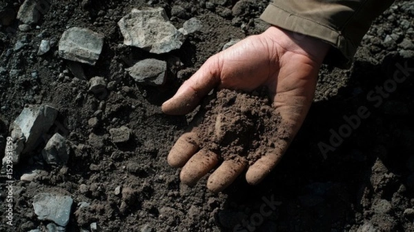 Obraz Close Up Of A Hand Holding Dark Brown Soil And Small Rocks