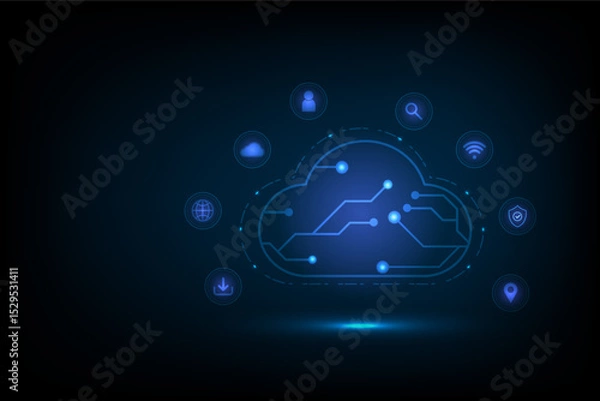 Fototapeta Digital technology cloud business internet connection with icons, Online network finance marketing