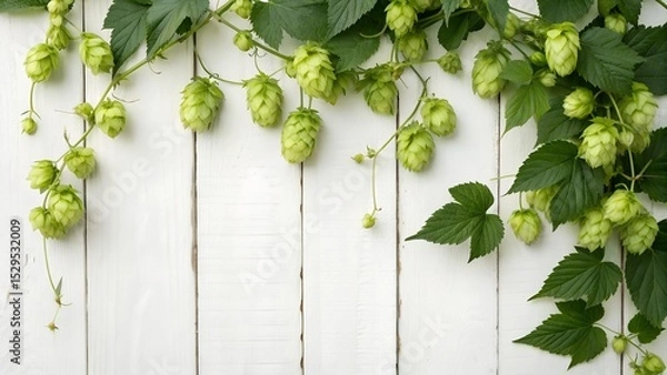 Obraz fresh green hops leaves frame with white background,for craft beer label