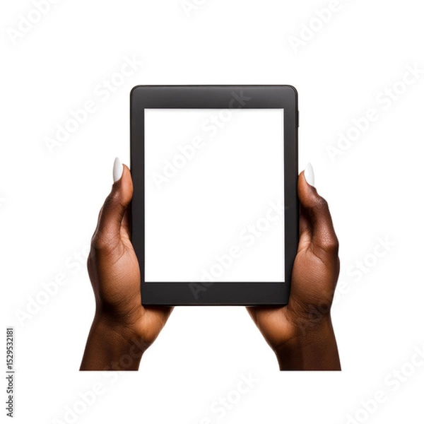 Fototapeta Black Hands Holding E-reader with Blank White Screen