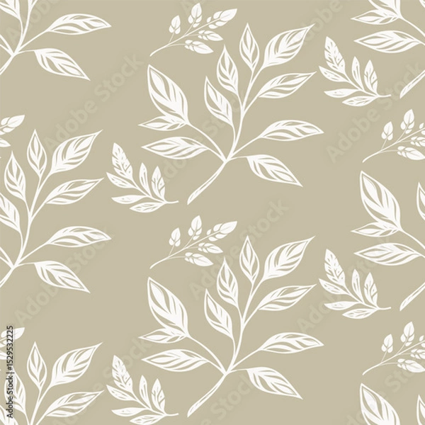 Fototapeta Elegant seamless pattern with hand-drawn silver botanical leaves on a beige background. A modern and organic design for sophisticated fabric, wallpaper, and decor.