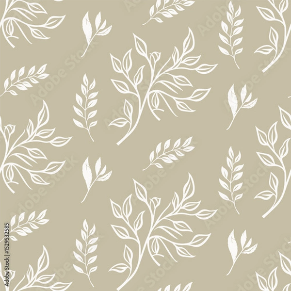 Fototapeta Delicate seamless pattern with various hand-drawn silver leaf branches on a beige background. A light and airy botanical design for elegant stationery and textiles.
