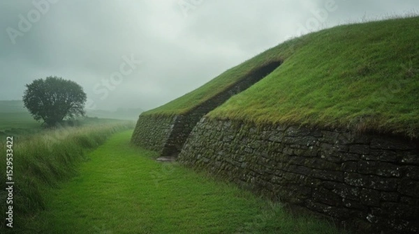 Obraz Ancient Stone Structure on Green Hill in the Rain