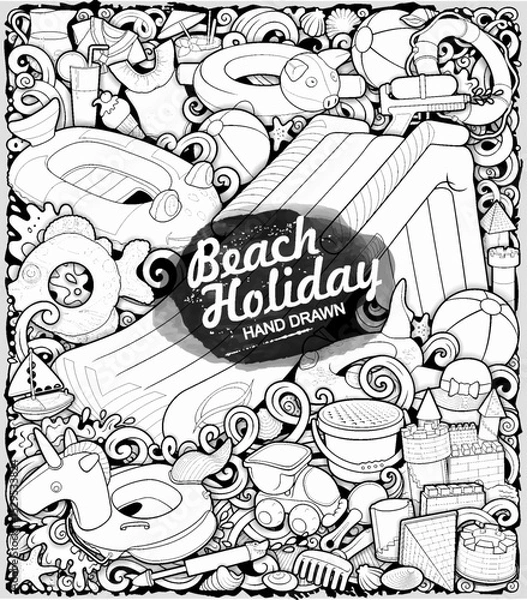 Fototapeta Hand drawn vector illustration of beach holiday objects. Inflatable rings, sandcastles, toys, and swim accessories in a playful doodle style. Perfect for summer-themed designs.
