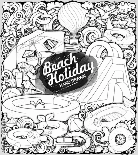 Fototapeta Hand drawn vector illustration of beach holiday objects. Inflatable rings, sandcastles, toys, and swim accessories in a playful doodle style. Perfect for summer-themed designs.