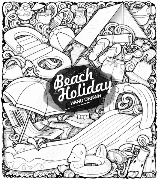 Fototapeta Hand drawn vector illustration of beach holiday objects. Inflatable rings, sandcastles, toys, and swim accessories in a playful doodle style. Perfect for summer-themed designs.