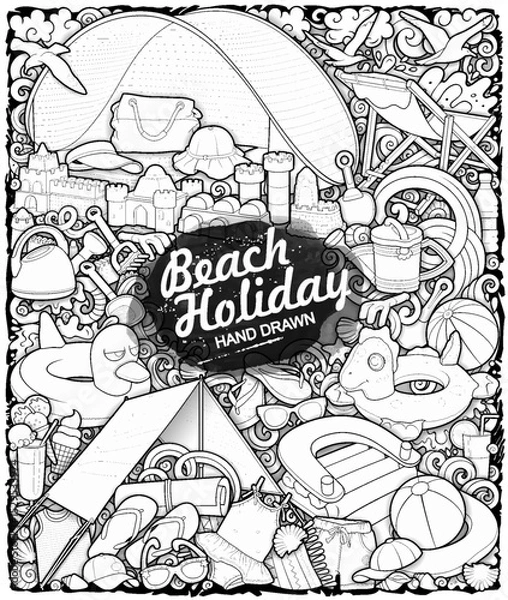 Fototapeta Hand drawn vector illustration of beach holiday objects. Inflatable rings, sandcastles, toys, and swim accessories in a playful doodle style. Perfect for summer-themed designs.