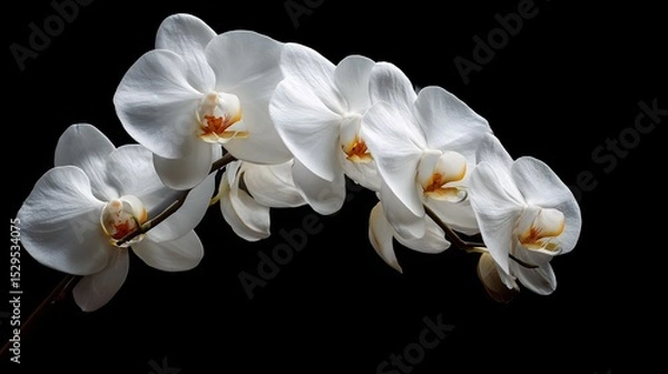 Fototapeta Close up of delicate curved white orchid blooms against a dark background captured in a refined