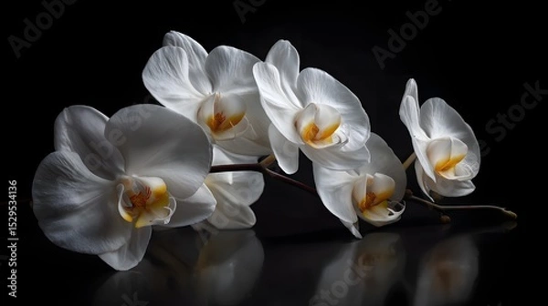 Fototapeta Delicate graceful white orchid blooms captured in stunning photography their curved petals and subtle shadows creating a serene minimalist composition against a deep black background