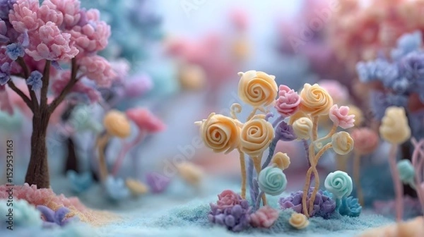 Fototapeta A dreamy and enchanting fantasy garden scene created using delicate pastel colored polymer clay featuring intricate curly handcrafted flowers with soft swirl shapes and a detailed