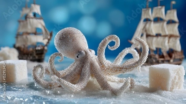 Fototapeta A surreal and whimsical underwater scene featuring a delicate pearl beaded octopus resting on a crystalline seashore surrounded by sugar like cubes and vintage sailing ships in the distance