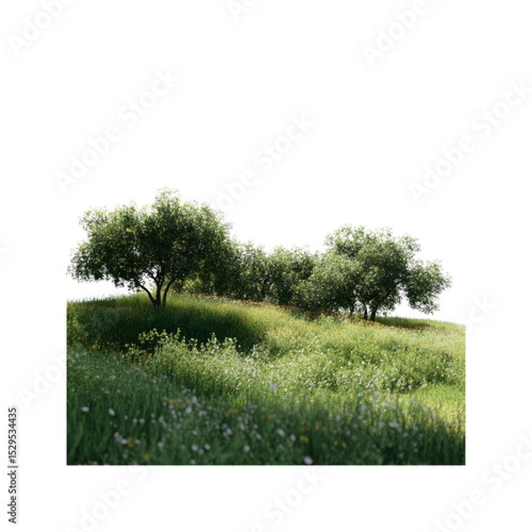 Fototapeta Serene Spring Meadow with Lush Trees and Wildflowers