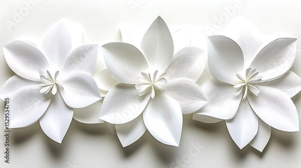 Fototapeta Three pristine white botanical blooms arranged horizontally on backdrop