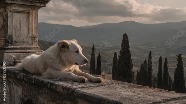 Fototapeta A peaceful serene scene of a white dog resting on an ancient stone balcony or ledge with a scenic view of the Italian countryside featuring cypress trees and a moody cloudy sky in the background