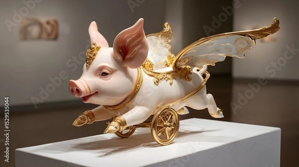 Fototapeta Enchanting miniature sculpture depicting a whimsical fantasy scene of a winged pig pulling a decorative golden chariot displayed on a white pedestal under soft gallery lighting