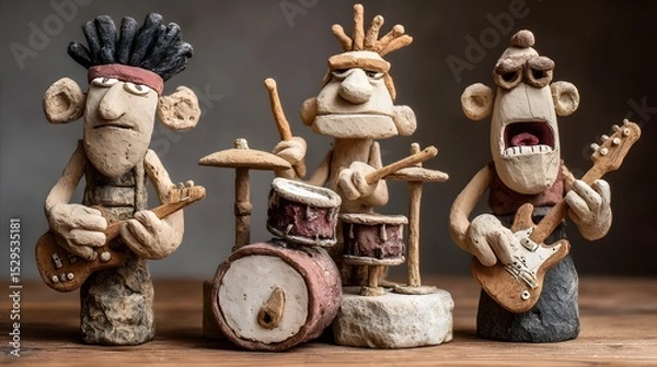 Fototapeta Playful hand crafted clay and stone figurines depicting a humorous and creative rock band with each character uniquely sculpted and detailed to showcase their musical talents