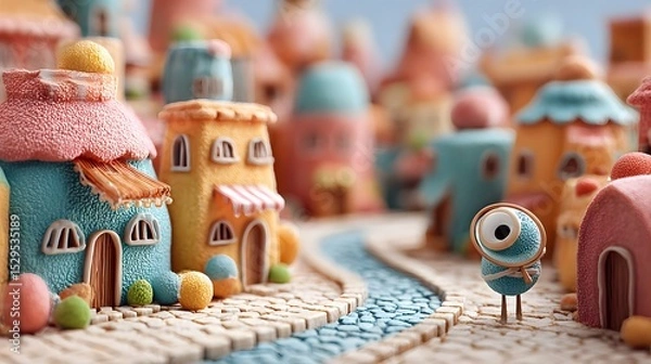 Fototapeta A whimsical and dreamlike scene depicting a stylized 3D cartoon miniature village filled with colorful clay houses a curved cobblestone path and a cute round character holding a magnifying glass