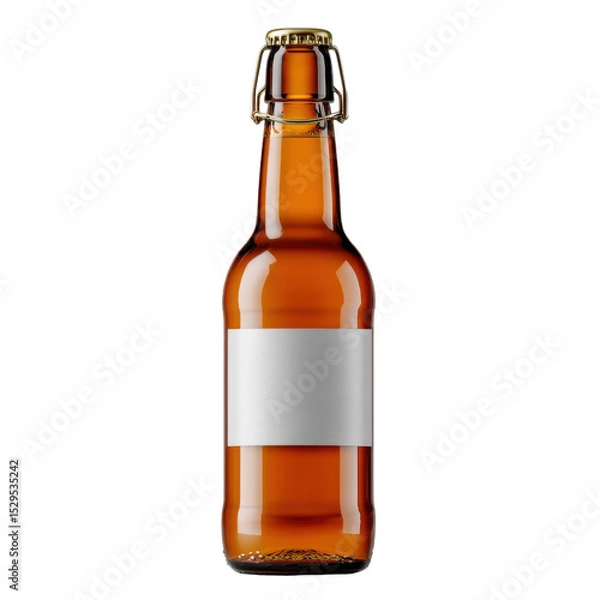 Fototapeta Realistic image of a brown glass beer bottle with a blank label and metal cap on a white background for beverage design use Transparent background or png