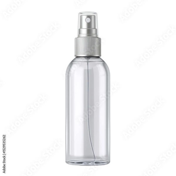 Fototapeta Clear spray bottle with a silver mist nozzle suitable for personal care, home cleaning, or garden use on a white background Transparent background or png