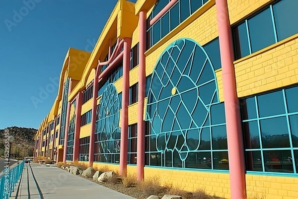 Fototapeta Vibrant architectural facade featuring geometric windows and bold color scheme