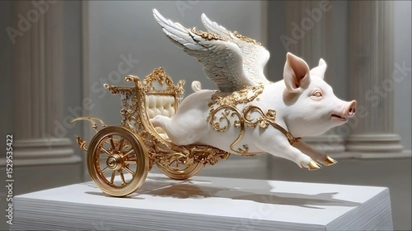 Fototapeta A whimsical miniature sculpture depicting a fantastical flying pig drawn chariot showcased on a white pedestal with golden accents and intricate details