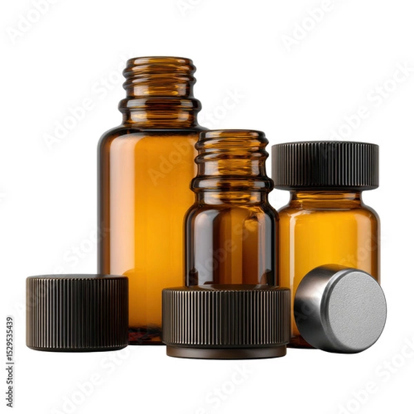 Fototapeta Stylish amber glass bottles with black and silver caps for essential oils and cosmetics on a neutral background Transparent background or png