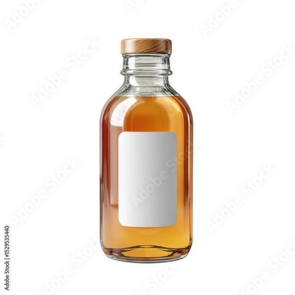 Fototapeta Glass bottle with wooden lid and empty space for label, filled with amber liquid, isolated on white background Transparent background or png