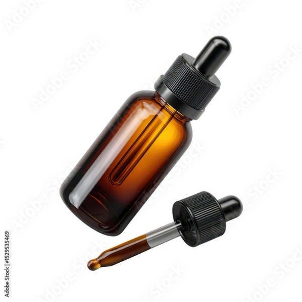 Fototapeta Amber Glass Dropper Bottle with Pipette Isolated on White Background for Essential Oils and Liquid Solutions Transparent background or png
