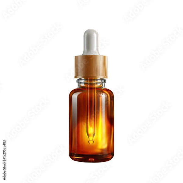Fototapeta Elegant amber glass dropper bottle with wooden cap and pipette for essential oils or beauty products on a clean background Transparent background or png
