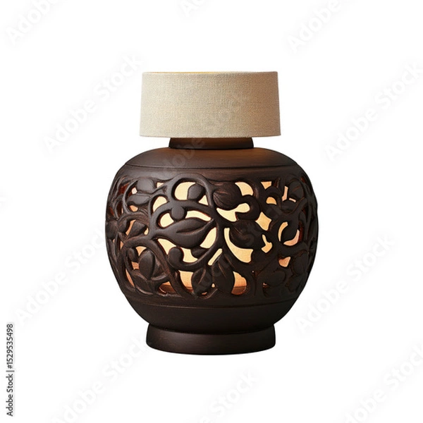 Fototapeta Ornate Dark Brown Ceramic Table Lamp with Beige Fabric Shade