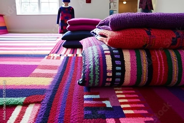 Fototapeta Vibrant Textile Display of Handmade Crafts and Pillows in Interior Setting