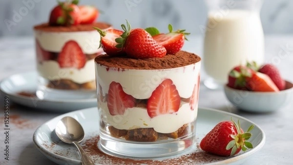 Obraz A serving of strawberry tiramisu in clear cups sprinkled with cinnamon. Fresh strawberries on top of cinnamon.