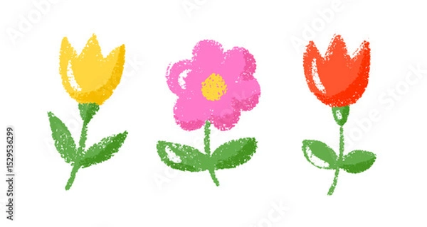Fototapeta Crayon Flower Doodle in Child Chalk Style. Hand-Drawn Spring Summer Illustration with Pastel Texture.