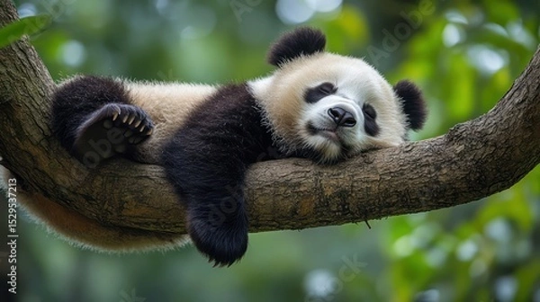 Obraz Lazy Panda Bear Sleeping on a Tree Branch,