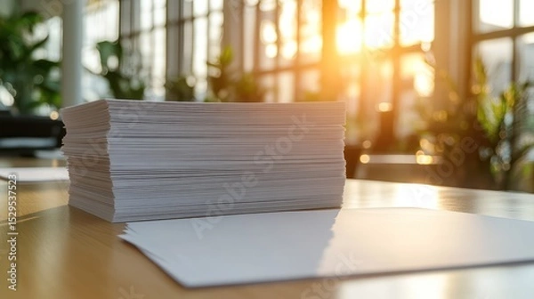 Obraz Save to Lib Stacks of blank white paper on a bright, sunny desk, suggesting a busy office or print environment, Reduce paper reduce carbon, Quit using paper, save trees, go digital